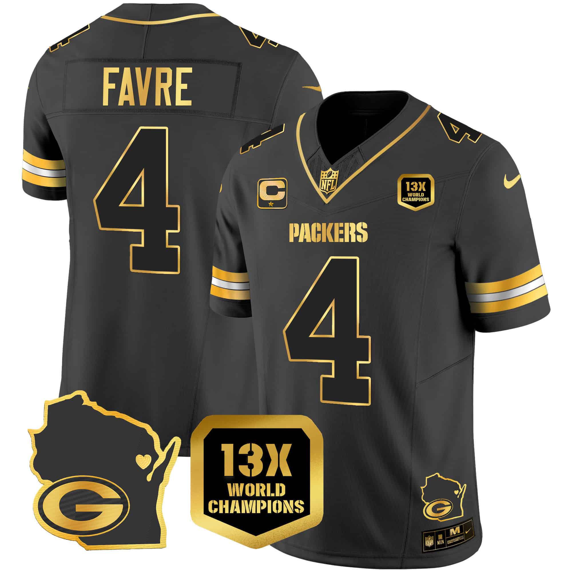 Men Green Bay Packers #4 Favre Black Gold 2024 Nike World Champions Home Patch Vapor NFL Jersey style 2